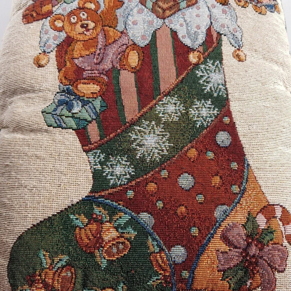 Vintage Christmas Tapestry Throw Pillow Cream Green Stocking Toys 16” X 12” Xmas